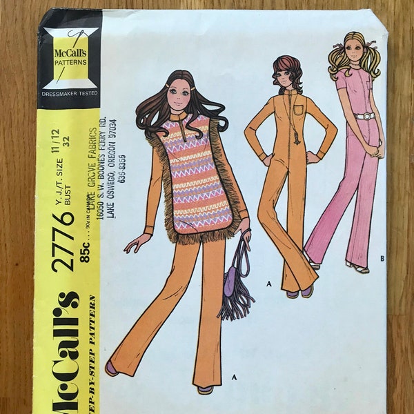 70er Jahre Jumpsuit Schnittmuster / Vintage 1970er Jahre Retro Reißverschluss Front Jumpsuit und Sandwich Board Poncho / Größe 11/12, Büste 32 / McCalls 2776