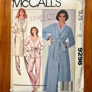 Women's Robe & Pajamas Sewing Pattern / Vintage 80s Women's Robes, Pajama Top + Pants  / Size Small / McCalls 9298