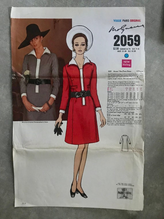 Patron de couture de robe Molyneux Mod Robe trapeze originale du createur Vogue Paris des annees 60 Taille femme 10 Buste 32 1 2 Rare Vogue 2059 Etsy France