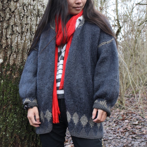 Strick jacke, Zweifarbige Cardigan, vintage Strickjacke ohne reißverschlus, vintage cardigan offen, Blau weiss - Grau Goldig