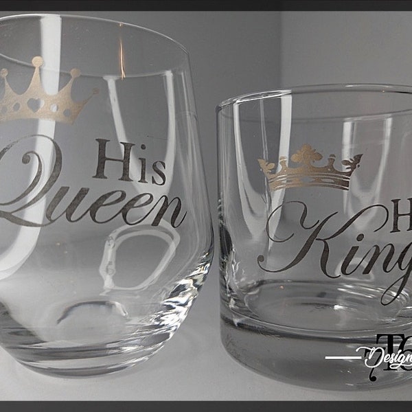 Wine/whiskey glasses/housewares/personalized wine glasses/couples gifts/drinking glasses/personalized couples gifts/ "Her King" "His Queen"