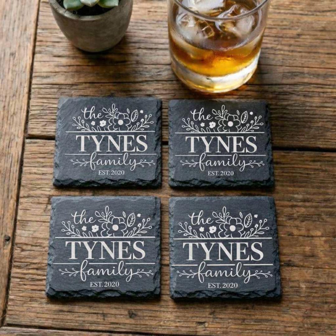 Custom Slate Coasters – Personalized Family Name & Wreath Design ...