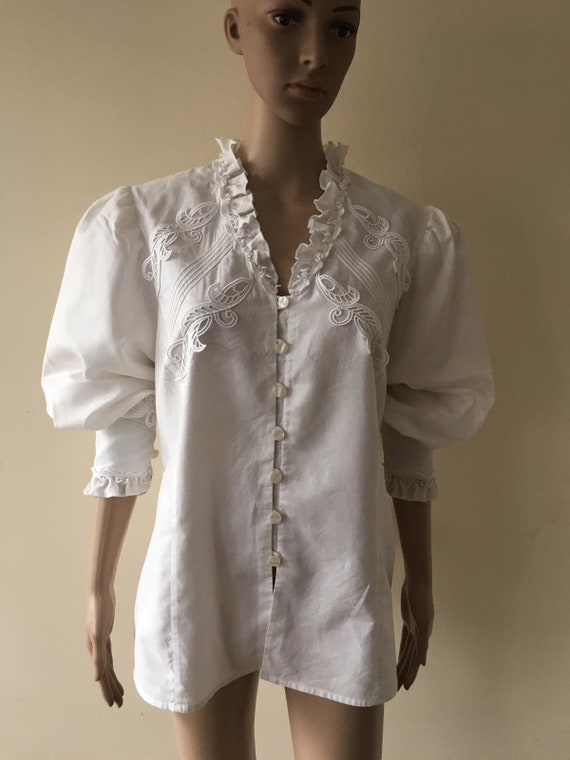 Vintage White Blouse with Frills Folklore Handmade - image 8