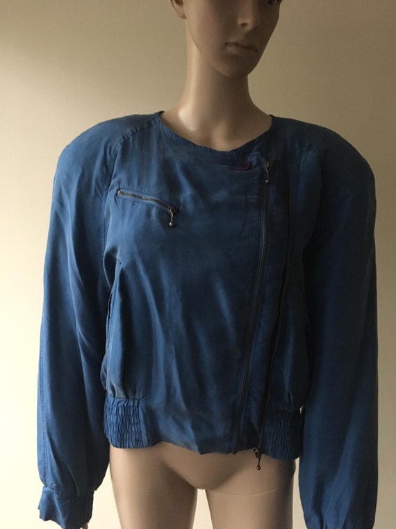 Vintage Blue Silk Crop Bomber 80s Jacket