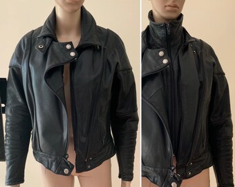 Vintage Black Real Leather Biker Motorbike Jacket size S UK10 JUMBO ECHTES LEATHER