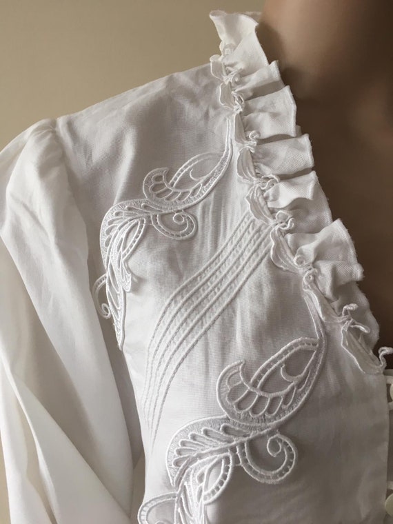 Vintage White Blouse with Frills Folklore Handmade - image 5