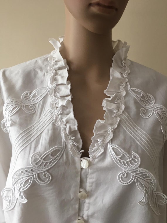 Vintage White Blouse with Frills Folklore Handmade - image 7