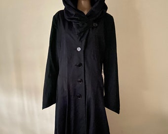 Vintage long black cape coat with hood , size M