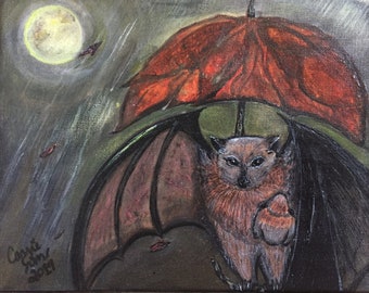 Whimsical Original Acrylic Mama and Baby Bat Fantasy Gothic Nursery Painting PRINT