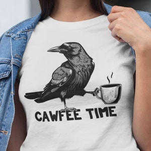 Cawfee Time Bird Pun Crow Holding Coffee Birding Shirt Bird Lover Gift Coffee Time Shirt Coffee Lover Dad Joke Raven Shirt Unisex T-Shirt