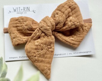 Bow Headband // Dusty Gold Embroidered Floral
