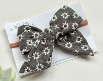 Bow Headband // Grey Embroidered