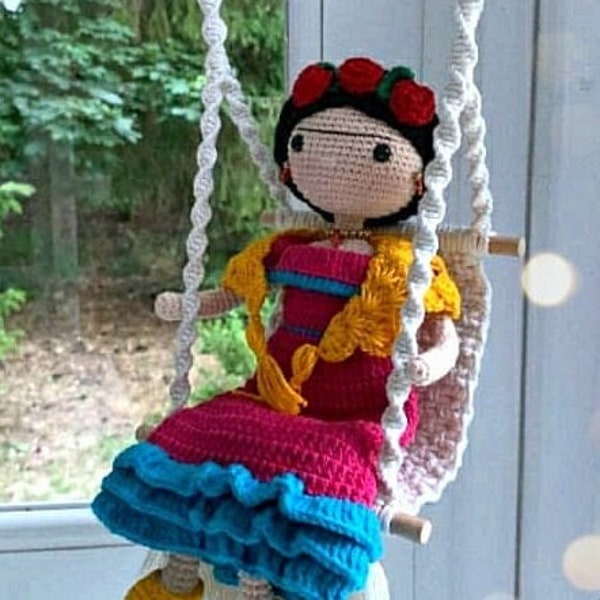 Pink dressed Frida Kahlo doll for sale, Chrismas gift, Crochet Frida Kahlo stuffed doll, Birthday gift for her, Wire Structure doll for sale