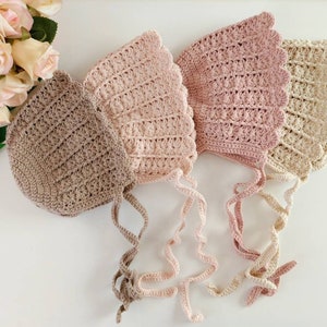 Handknit Baby Bonnet, Baby Boho style Bonnet, Handmade Babyshower gift, Baby Bonnet for Girl, Granddaughter gift, Baby Photo props