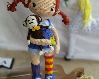 Crochet doll for sale, Amigurumi Longstocking doll for collectible, Amigurumi inspired doll for her, Red hair doll for birthday gift