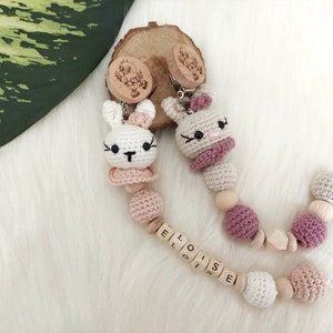 Personalised pacifier clip with crochet bunny, Pacifier chain with name, Schnullerkette mit Namen, Customizable Dummy clip, Babyshower gift