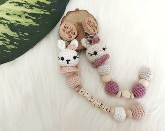 Personalised pacifier clip with crochet bunny, Pacifier chain with name, Schnullerkette mit Namen, Customizable Dummy clip, Babyshower gift