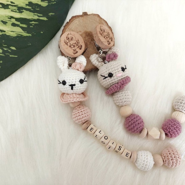 Personalised pacifier clip with crochet bunny, Pacifier chain with name, Schnullerkette mit Namen, Customizable Dummy clip, Babyshower gift