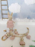 Personalizable bunny pacifier chain set, Crochet plush bunny, Amigurumi Stuffed bunny stroller toy set,Handmade Babyshower gift set for girl product logo
