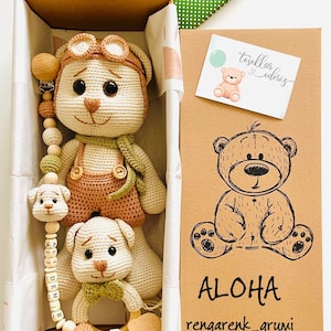 Personalizable Crochet stuffed bear pacifier chain set, Babyshower gift box, Amigurumi finished bear, Granddaughter gift set, Birthday gift