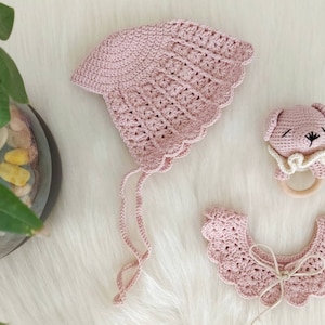 Handknit baby boho bonnet, Crochet collor, Teddy bear rattle, Photo props, Handmade Babyshower gift, Christening gift,Crochet newborn gift