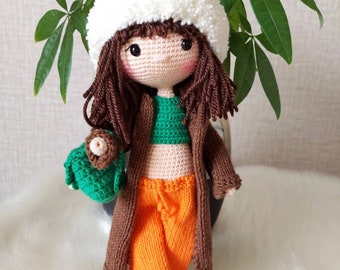 Handmade Fashion girl for sale, Cool city girl Finished amigurumi doll with clothes, Miniature knitting baby artist , Birthday Gift natural