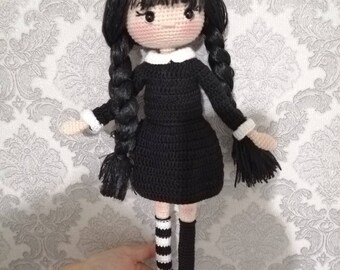 Wednesday doll for sale, Crochet finished wednesday doll, Amigurumi finished Wednesday doll, Gotic stuffed doll, Granddaughter gift