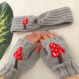 Christmas gift fingerless Gloves, Twisted earwarmer with mushroom embroidery, Winter Mitt, Crochet Grey Fingerless Gloves  and headband