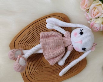 Pink stuffed bunny doll, Amigurumi pink bunny plushie, Babyshower pink gift, Birthday gift, Crochet baby girl gift, Granddaughter gift doll