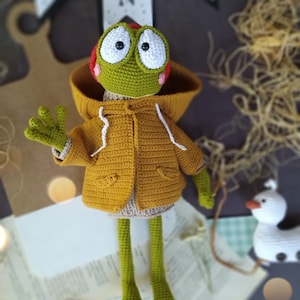 May include: A green crocheted frog wearing a brown hooded jacket with white strings. The frog has large, white eyes and a red mouth. The frog is sitting on a stack of books with a white background.