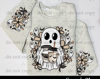 Iced Coffee Floral Ghost with sleeve png, Halloween, Spooky Season