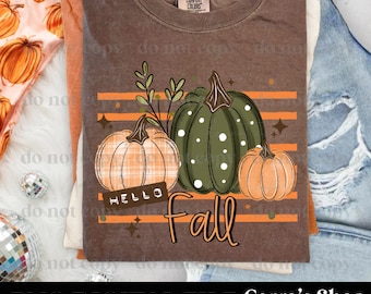 Hello Fall Patterned Pumpkins, stripes, trendy fall, autumn, Halloween digital file, png