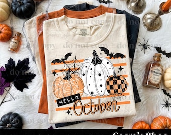 Hello October Patterned Pumpkins, stripes, trendy fall, autumn, Halloween digital file, png