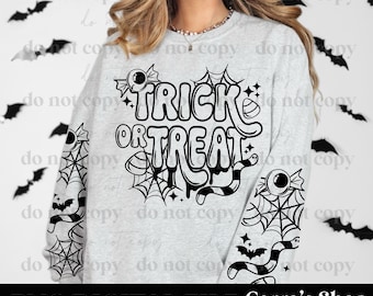 Trick Or Treat with sleeve png, single color, trendy, spooky Halloween, pumpkins