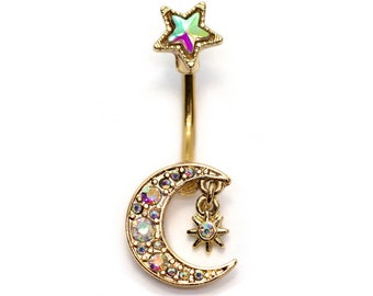 Filigree Moon with Sun Star Clear Cz Dangle Belly Navel Ring Body Jewelry