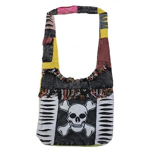 May include: A black, yellow, red, and pink patchwork shoulder bag with a white skull and crossbones design.