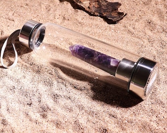 Crystal Glass Water Bottle, Glass Water Bottle with Changeable Natural Crystal Center, Quartz Gemstone Water Bottle for Natural