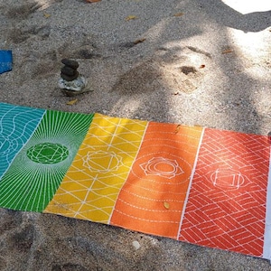 May include: A colorful yoga mat with seven chakra symbols printed on it. The mat is laid out on a sandy beach with a blue bag and a pink water bottle.