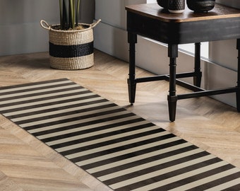 CASCAIS Art Mat, Black/Cream Vinyl Protective Mat, Striped Design, Waterproof Floor Mat, Vinyl Area Rug, Home Ideas, Bathroom, Kitchen