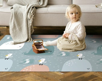 LUCA Art Mat, Baby Blue Vinyl Kids/Baby Floor Mat, Whale Design, Waterproof Floor Mat, Vinyl Area Rug, Home Ideas, Nursery, Playroom