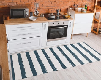 LARISSA Art Mat, White/Blue Vinyl Protective Mat, Striped Design, Waterproof Floor Mat, Vinyl Area Rug, Home Ideas, Bathroom, Kitchen