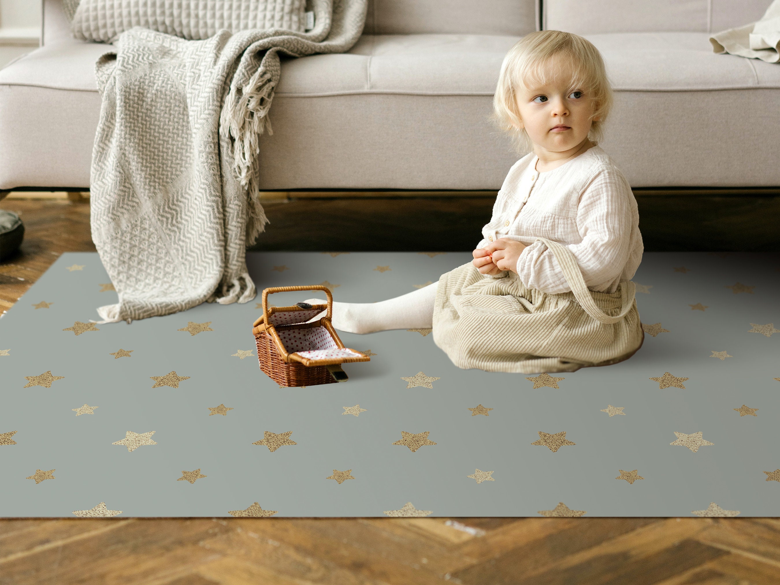 NOVA Art Mat, Grey Vinyl Kids/baby Floor Mat, Star Pattern Design,  Waterproof Floor Mat, Vinyl Area Rug, Home Ideas, Nursery, Playroom 