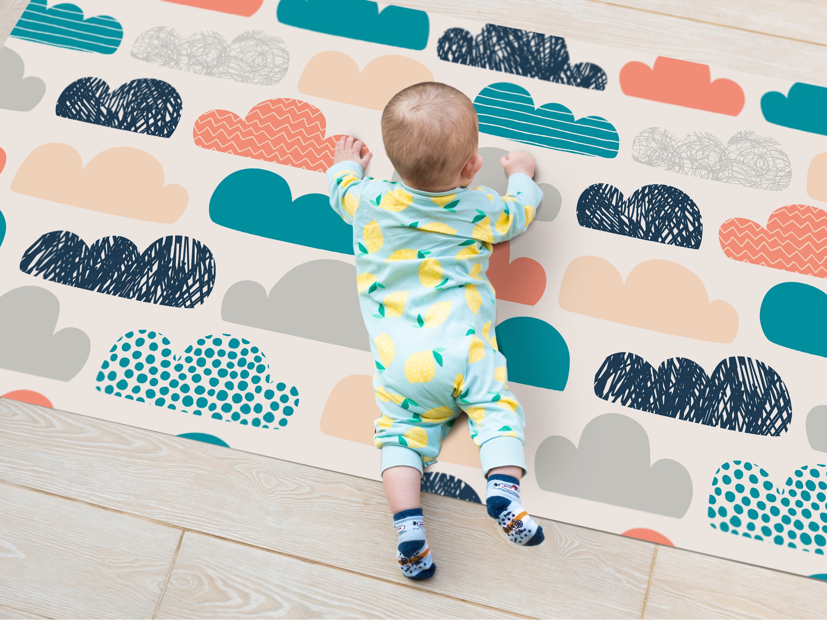 MOLLY Art Mat, Blue Vinyl Kids/baby Floor Mat, Cloud Design