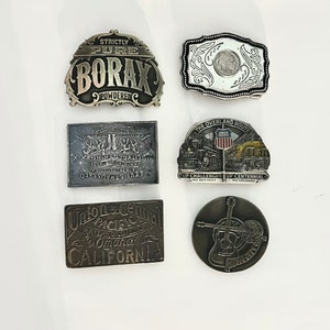6 Vintage Belt Buckles Levi, Union Pacific, Borax, union central pacific, Nashville, buffalo nickel
