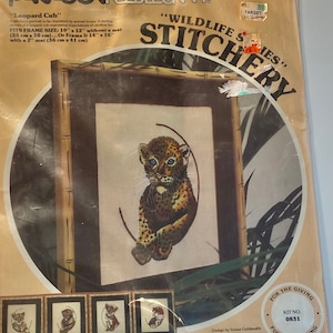 Vintage Crewel 1977 Leopard Cub Paragon Needlecraft Stitchery Kit Wildlife Series