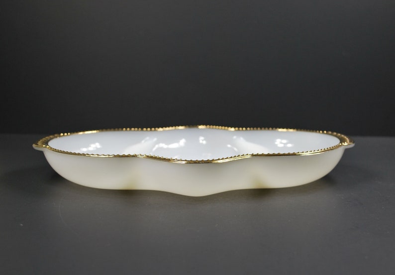Vintage Fire King Divided Relish Tray Milk Glass White Gold Vachina