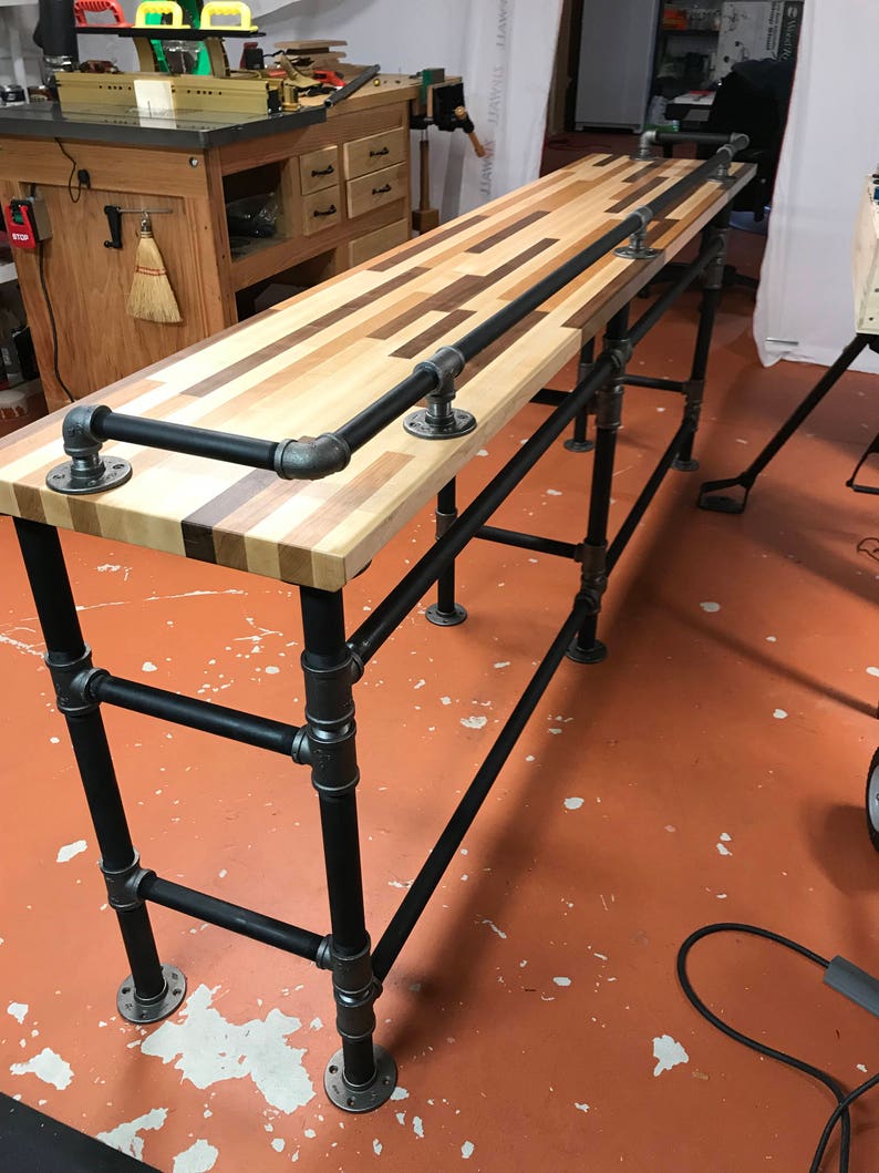 Industrial black pipe butcher block couch table. Etsy