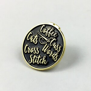 Coffee, Cats, Cross Stitch and Cuss Words Enamel Pin | Brooch for Coffee Lovers, Cat Lovers, & Sweary Stitchers | Soft Enamel Badge