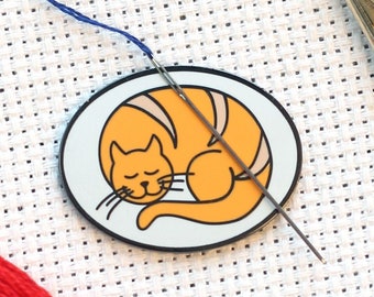 Sleepy Orange Cat Hygge Magnetic Enamel Needle Minder | Adorable Kitten Needleminder | Tabby Striped Tiger Kitty Magnet Holder