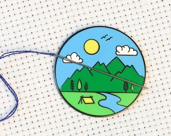 Summer Camping in the Mountains Magnetic Enamel Needle Minder | Get Outside Adventure Outdoor Mountains River Landscape Travel  Needleminder